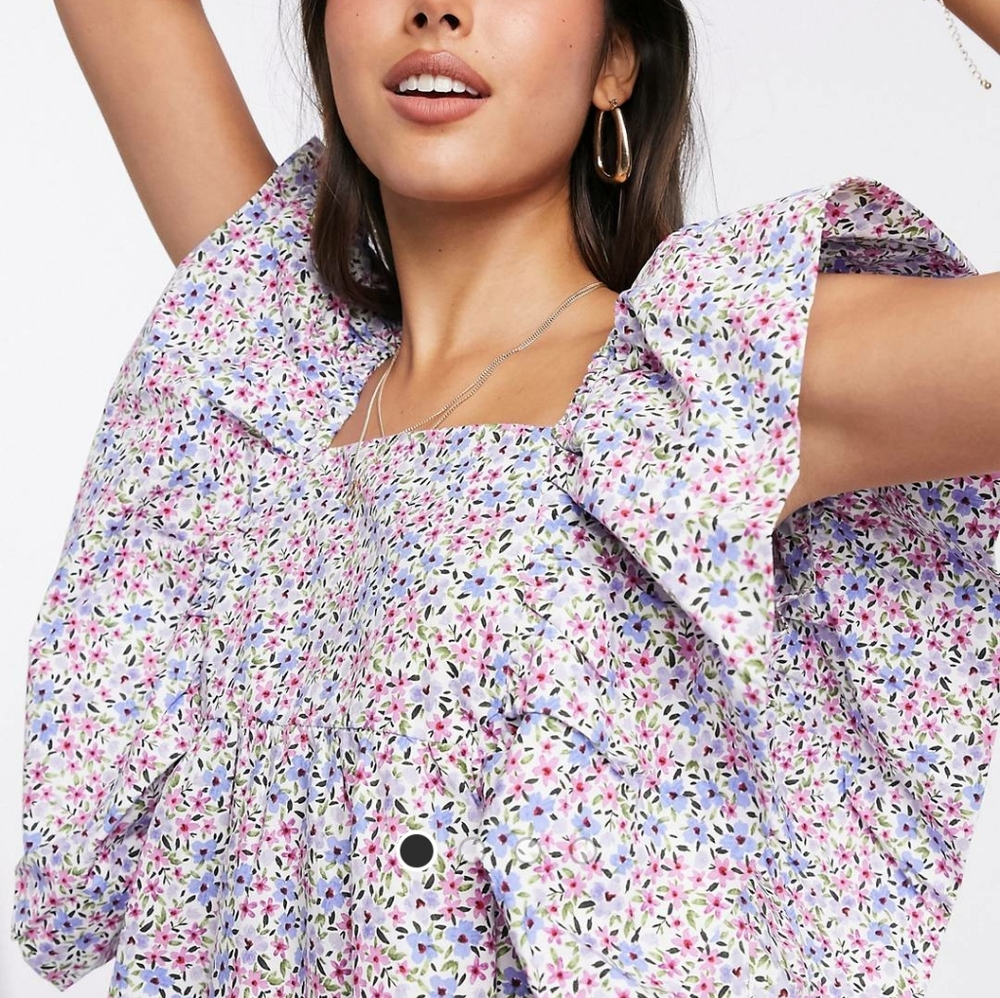 Mango square neck smock blouse in purple floral